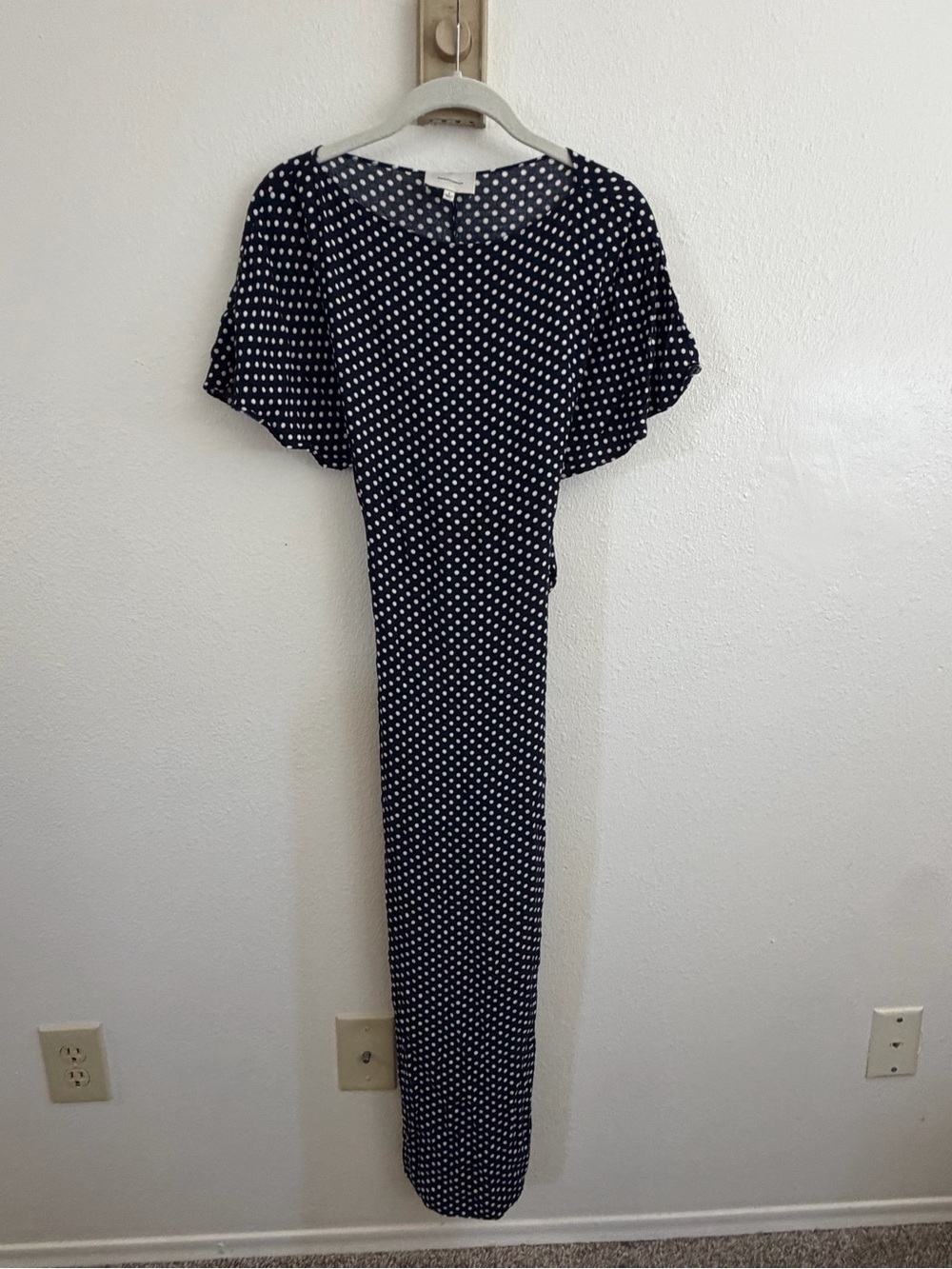 Reformation Navy and White Polka Dot Flutter Sleeve dress